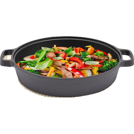 Cacerola de hierro fundido, 25 cm de diámetro, 2,5 kg de peso, resistente al calor hasta 260 °C, con asas dobles y base plana. (1/5)