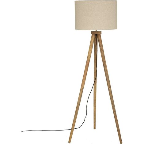 Atmosphera – Lampadaire trépied en bois de manguier avec abat-jour coton beige – H 150 cm – Design élégant pour intérieur chaleureux (1/7)