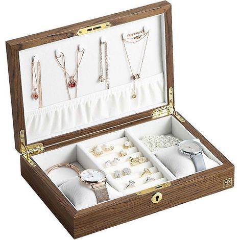 Boîte à bijoux en bois à couvercle rabattable, présentoir à bijoux, support pour montres, boucles d'oreilles et bagues. (1/5)