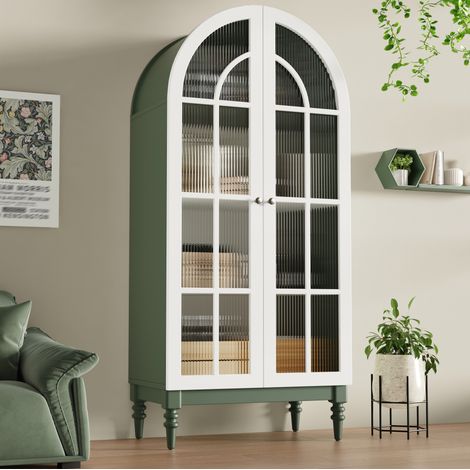 Vitrina 76x38,5x165 cm para salón con puertas de vidrio estriado, 3 estantes, MDF y metal, verde mate (1/5)