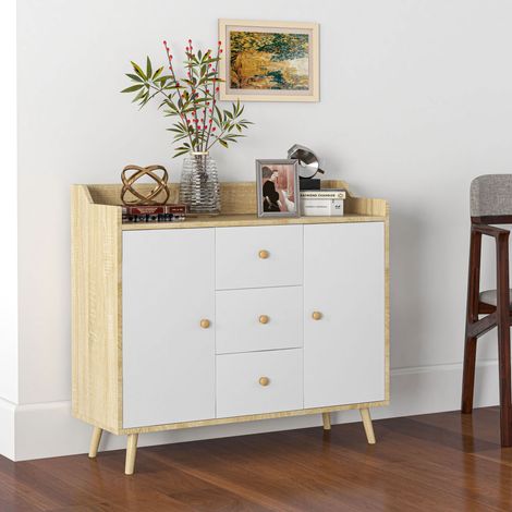 Buffet moderne en aggloméré et pin, avec 3 tiroirs et 2 placards à double niveau. 90 x 32 x 80 cm (1/5)