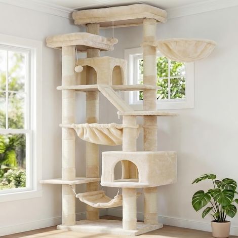 Arbre À Chat, Tour De Griffer 180 cm, 2 Plateformes, 2 Cabanes De Sommeil, 2 Hamacs, Panneau À Griffer. Grand Meuble pour Chats avec Endroit Dormir, Beige HCT034M (1/5)