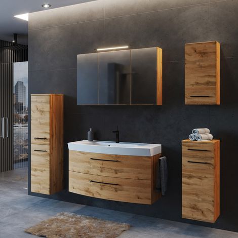 Badezimmer Möbel Set in Wotan Eiche Nb. mit 100 cm Waschtisch inkl. Waschbecken, B/H/T: ca. 220/200/50 cm (1/5)
