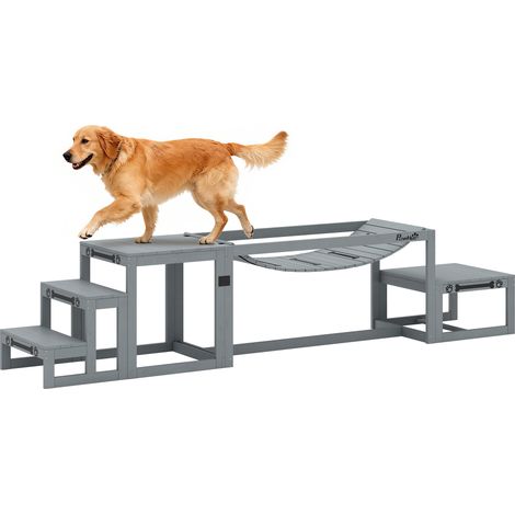 Hunde Agility Set 3-teiliges Set Agility-Ausrüstung mit Brücke, Treppe, Plattform, Tannenholz, 117 x 50 x 56 cm, Grau