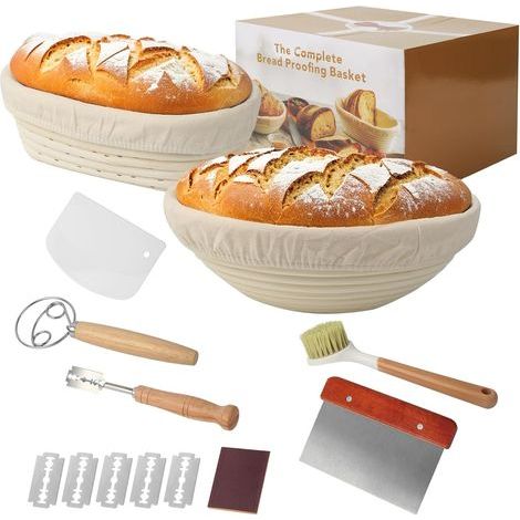 Round Bread Basket Set of 10 23 cm + 25 cm Diameter Oval Fermentation Basket for Baking Bread Bread Fermented Basket Natural Rattan Hand Woven with Spatula and Oil Brush (1/5)