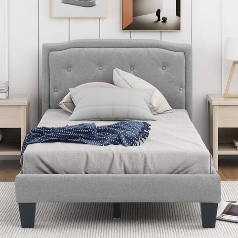 Upholstered bed frame with slatted base, storage space, and decorative buttons, for adult and teenage bedrooms, light grey cover (90 x 200 cm, light grey) (1/5)