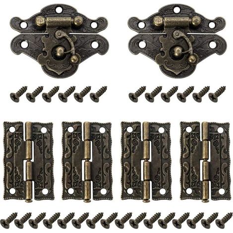 Lot de 2 Verrous vintage antique, fermoir boite verrou décoratifs antiques avec 4 charnières et 28 vis pour décoratifs cabinet armoire Boîte-