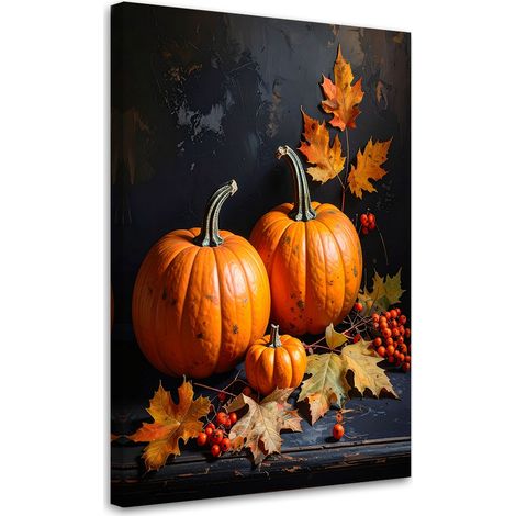 Stampe su Tela, Composizione autunnale con decorazioni di zucche in colori caldi su sfondo scuro, 20x30 (1/5)