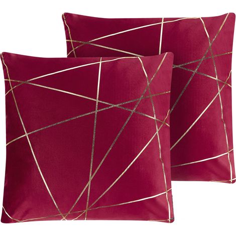 Conjunto de 2 cojines decorativos terciopelo rojo patrón geométrico dorado 45 x 45 cm fundas extraíbles cierre de cremallera estilo glamuroso Pinus (1/5)