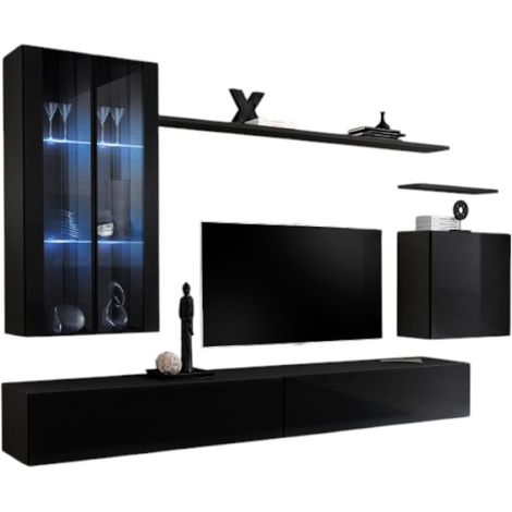 Composición mural SWITCH XII mueble de TV suspendido negro brillante 270 cm con LED