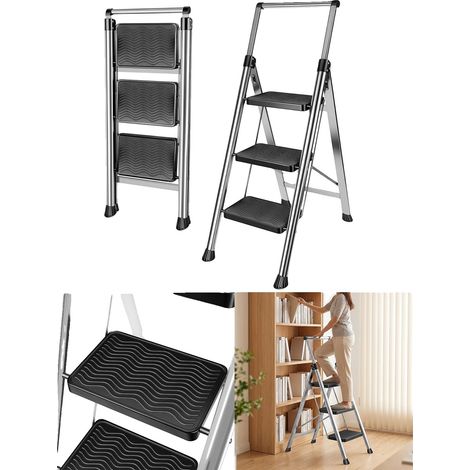 Escalera de seguridad plegable, robusta, diseño antideslizante, color negro. (1/5)