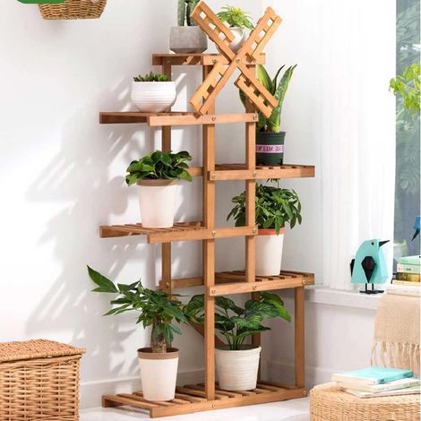 Étagère porte-pots de fleurs avec étagères, structure en bois de bambou, bibliothèque, étagère polyvalente, design moderne, couleur naturelle, décoration de la maison (design 2) (1/5)