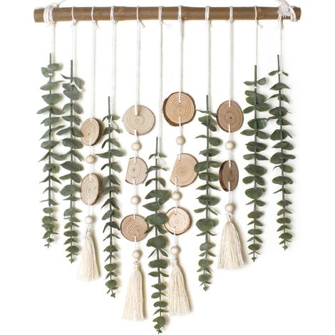 Decorazione murale in eucalipto artificiale, foglie e steli verdi finti, piante sospese su un bastoncino di legno da 43 cm, stile rustico bohémien, per camera da letto, cucina, sala da pranzo o bagno.