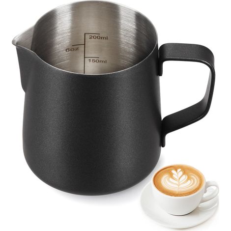 Pichet à lait 200 ml - En acier inoxydable - Avec échelle de mesure - Pour machine à café - Petit pot à lait pour la maison - Barista Cappuccino Espresso - Résistant à la rouille - Noir (1/5)