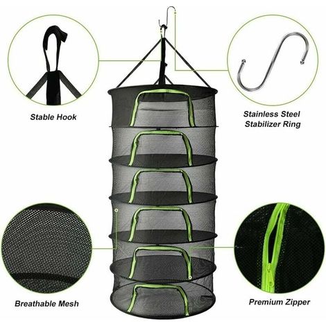 [NEVER USED] Hanging Herb Dryer, 2ft 6-Layer Mesh Net for Herbs, Flowers, Bulbs, Fish, Large Foldable Round Hanging Drying Rack with Green Zipper, Pruning Shears, Hooks (1/2)