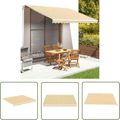 The Living Store Tissu de remplacement pour auvent Jaune et blanc 4x3,5 m - Tissu D'ombrage - Auvent De Jardin - Toile D'extérieur - Protection Solaire - Parasol De Terrasse (1/5)