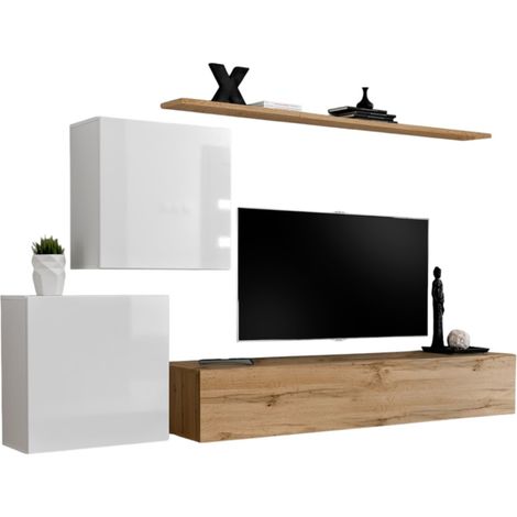 Set aus hängenden Möbelstücken für Ihr Wohnzimmer, Kollektion SWITCH V. Farben Wotan-Eiche und Hochglanz-Weiß.