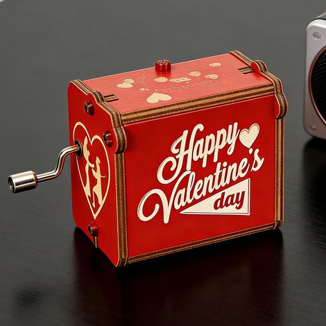 Boîte à musique à manivelle vintage en bois gravé, rouge, idéale comme cadeau de Noël ou décoration de bureau. (1/5)