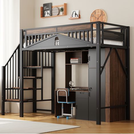 Lit mezzanine 90x200 cm noir en métal et bois avec échelle sécurisée et rangement (1/5)