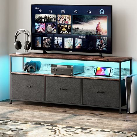 Mobile TV 137 cm - con 3 cassetti in tessuto PU nero - illuminazione LED regolabile - piano in pelle di tigre - pannello di particelle - mobile TV retrÃ² - 137x30x57 cm - Nero