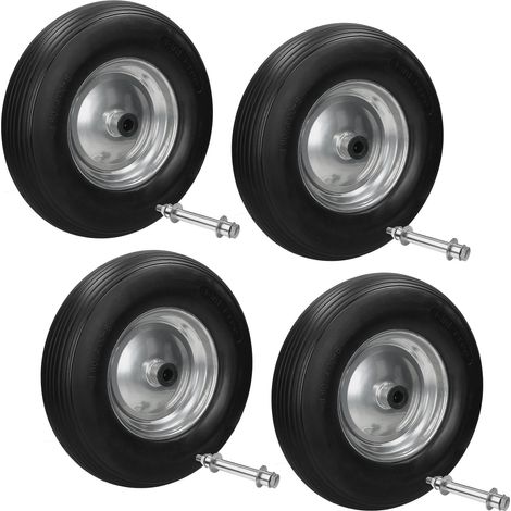 ECD Germany 4er Set Schubkarrenrad aus pannensicherem PU Vollgummi, Ersatzrad Gummirad mit Achse, 4.80/4.00-8, Durchmesser 390mm, Schwarz, 200kg, Reifen mit Stahlfelge für Schubkarre und Gartenkarren