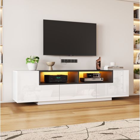 Mobile TV in truciolato bianco 180 x 40 x 48 cm, frontale lucido, LED Bluetooth, 2 vani a L, 1 cassetto (1/5)