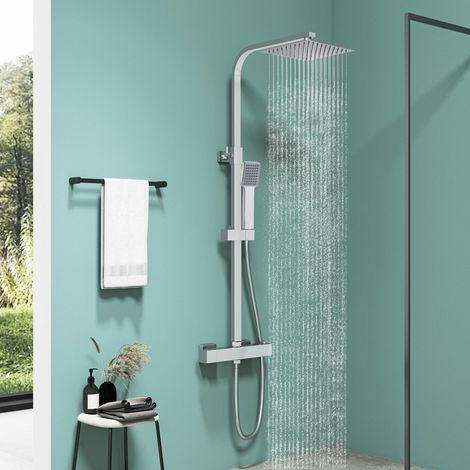 Biubiubath – Colonne de douche thermostatique carrée – Douche à effet pluie 200mm – Système anticalcaire – Installation murale en laiton chromé (1/5)