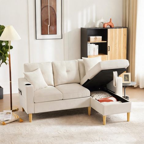 Canapé d'angle réversible 3 places en lin beige avec rangement (1/5)