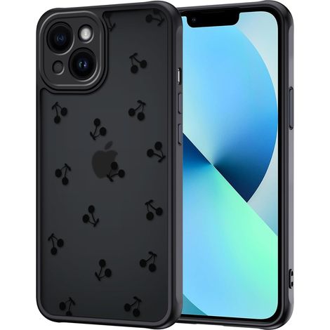 Coque pour iPhone 13, Aesthetic Cerise Motif Étui Translucide Mat Silicone TPU + PC Anti-Jaune Antichoc Housse Protection de la Caméra Bumper Case pour Filles Femme, Noir (1/5)