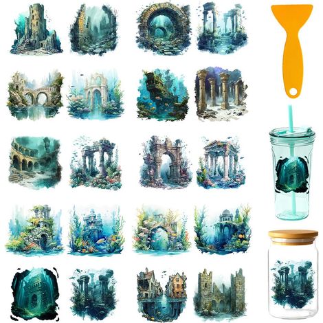 10pcs Protection Solaire UV DTF pour Tasse 10 feuille de Papier Transfert Imperméable à Motif Océan pour Tasses en Verre et Décoration de Meubles (1/5)