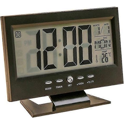 Réveil numérique de bureau LCD rétroéclairé activé par le son, avec affichage du calendrier et de la température. (1/5)