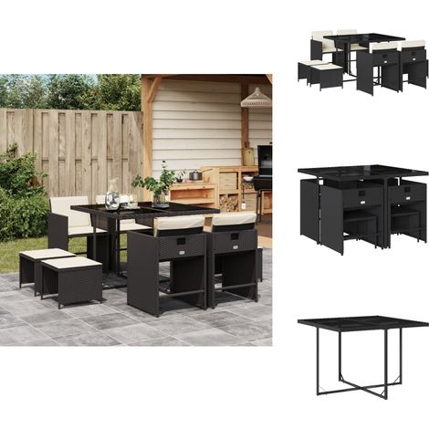 9-tlg. Garten-Essgruppe mit Kissen Schwarz Poly Rattan - Gartenmöbel Set - Esstisch - Gartenstühle - Gartenhocker - PE-Rattan Möbel (1/5)