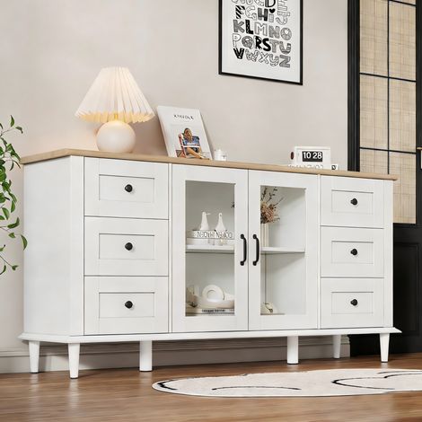 REDOM - Credenza 150x40x75 cm, 6 cassetti, 2 ante in acrilico, LED, MDF, bianco e tonalità legno (1/5)
