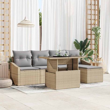 Gartensofa-set mit Kissen 6 pcs Beige und Hellgrau Poly-Rattan