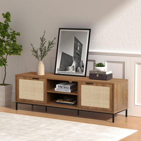 Meuble TV en Bois, Meuble Tele Console, Rotin Support Télé avec Étagères Réglables, Longueur 150 cm, pour Télévisions 65 Pouces, Banc TV pour Salon, Chambre, Burea (1/5)