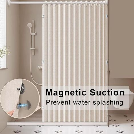 Rideau de douche magnétique pliable, imperméable et résistant à la moisissure, magnétique, lin épais, non doublé, beige,150 x 200 cm. (1/4)