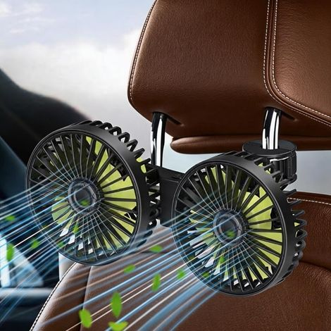 Ventilateur de Voiture Double Tête pour Siège Arrière, 3 Modes de Puissance Réglables, 360° Pivotant, Refroidissement pour Enfants, Chiens, Berline, SUV (1/5)
