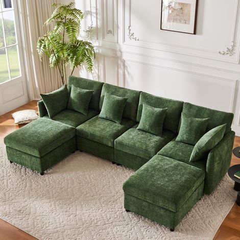 Seyakany Canapé d'angle en U,canapé modulable en 6 places,canapé convertible en L avec tabouret mobile et 6 coussins,canapé sectionnel,chenille,vert