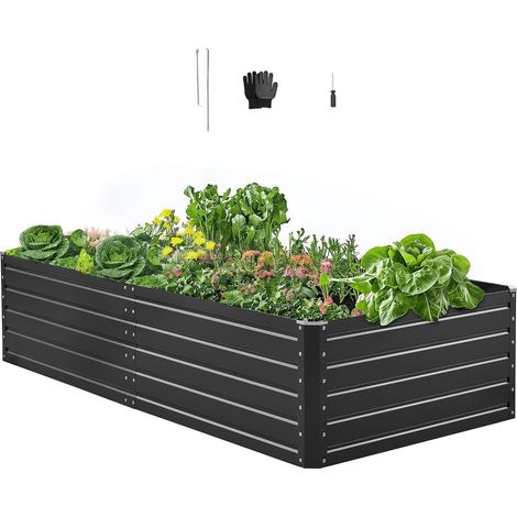 Potager Surélevé Métal 203,2x101,6x47 cm Carré Potager Surélevé en Galvalume Lit de Jardin Fond Ouvert Bac de Jardinage pour Culture de Légumes Fleurs Herbes Aromatiques Plantes Grasses, Gris (1/5)