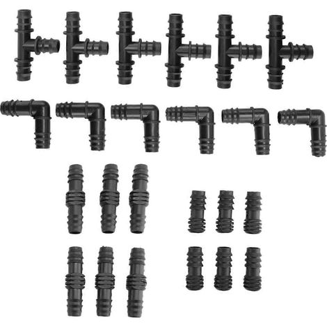 Kit de raccords d'irrigation pour tuyaux d'arrosage goutte à goutte - 6 tés, 6 raccords, 6 embouts, 6 coudes - Compatible avec les systèmes d'arrosage goutte à goutte de 16 mm (1/4)