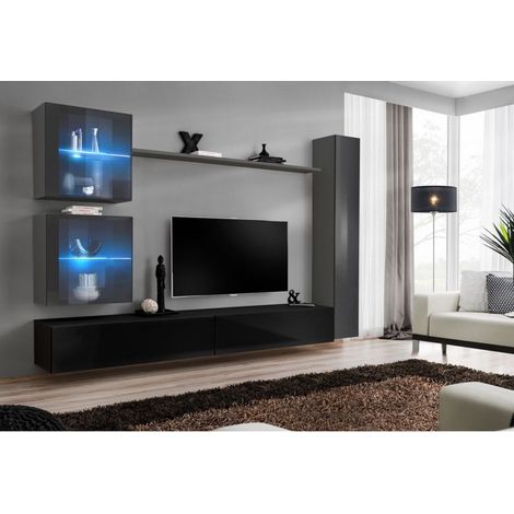 Ensemble mural - Switch XVIII - 2 vitrines LED - 1 vitrine verticale - 2 bancs TV - 1 étagère - Noir et graphite - Modèle 1 - Livraison gratuite