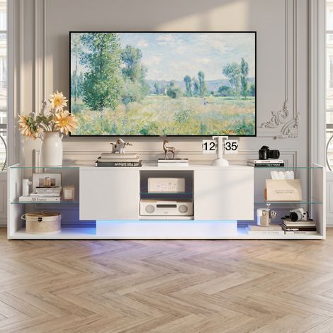 Meuble TV 200 cm avec LED réglable, Rangement Tiroir + Étagère, Meuble TV moderne pour salon ou chambre, Blanc (1/5)