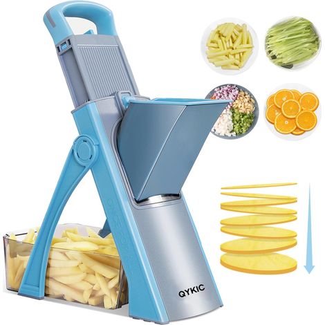 Mandoline Cuisine, Safety Slicer Coupe Frites Manuelle, Multifonction Tous Coupe Légumes Lame en acier inoxydable, Julienne, Cubes, Fcoupe Patate Frite carotte, bleu ciel (1/5)