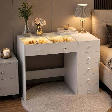 FENCHILIN Coiffeuse LED Éclairage 8 Tiroirs Blanc 120 x 55 x 81 cm