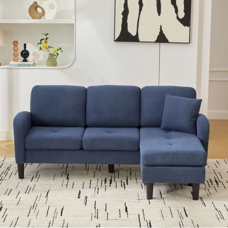 Divano angolare modulare 3 posti in tessuto a coste con chaise longue reversibile blu DESVIAE (1/5)