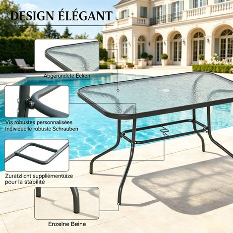 Table de patio élégante, table d'extérieur rectangulaire, table à manger avec trou pour mât de parasol (table seule, parasol non inclus) (1/4)