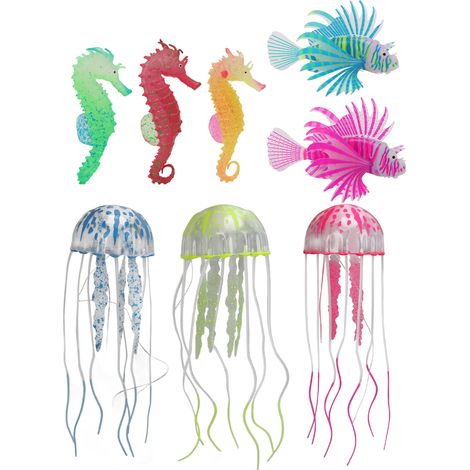 Lot de 8 décorations lumineuses artificielles flottantes pour aquarium : méduses et hippocampes. (1/5)