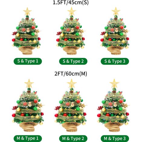 Albero di Natale da tavolo a LED da 60 cm con luci a stringa a batteria, stella in cima, palline rosse e verdi, mini nastro artificiale per decorazioni natalizie. (1/5)