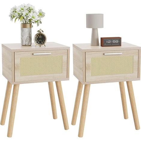 Bedside Tables, Side Table with Storage, Wooden Legs, Hand Decorated in Rattan, Magnetic Drawer, 35 x 27 x 53 cm, for Bedroom, Living Room, Natural HST010N (1/5)