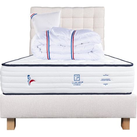 Ensemble Matelas Patriote, 27 cm, ressorts ensachés, ferme, face été/hiver+sommier beige ep20cm+oreiller+couette+Tête de Lit, 90x190cm (1/5)